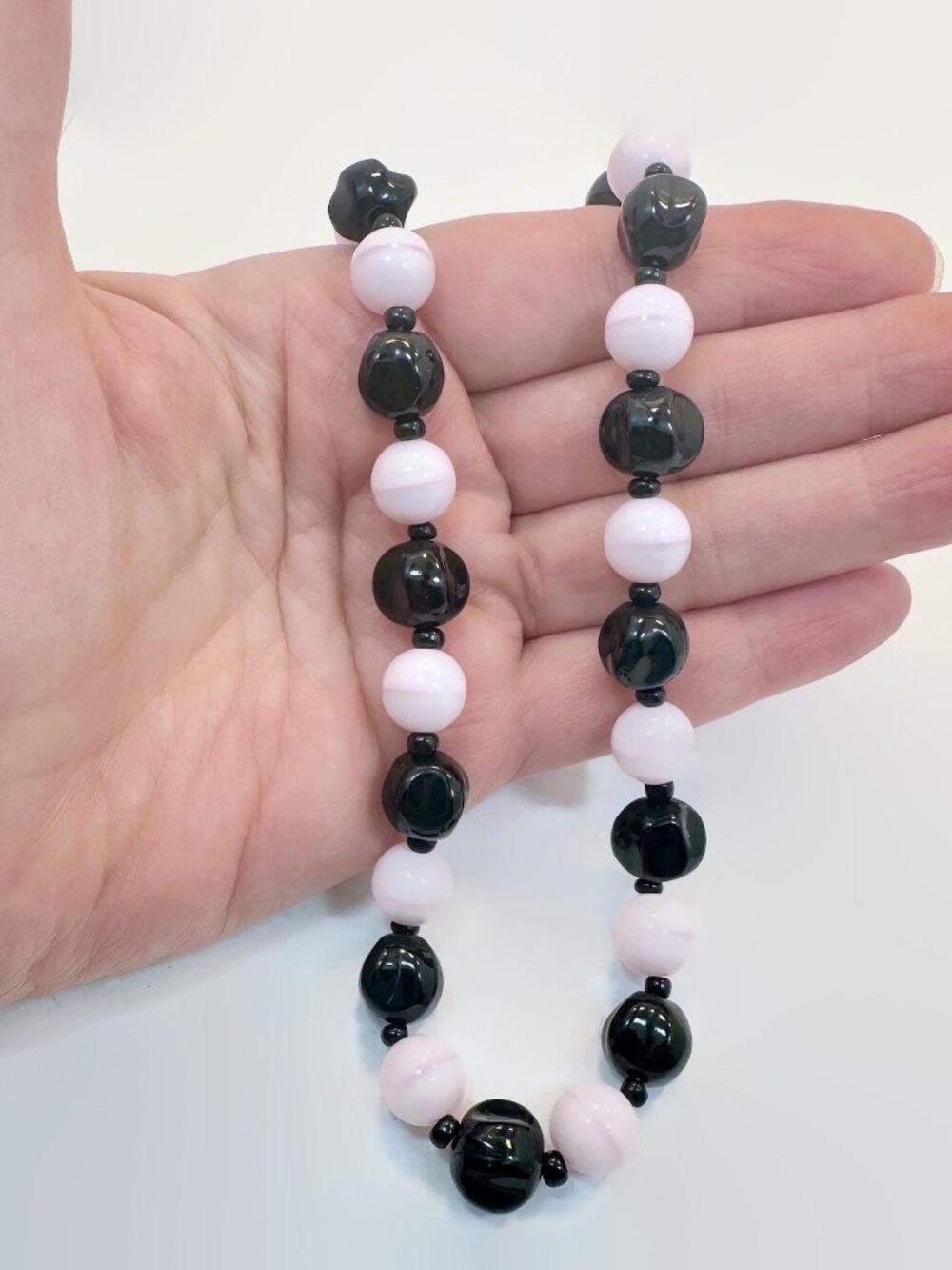 Czech Necklace, Art Deco, Glass Beads, Pink, Black, 19" Long, Vintage, 30s, 40s